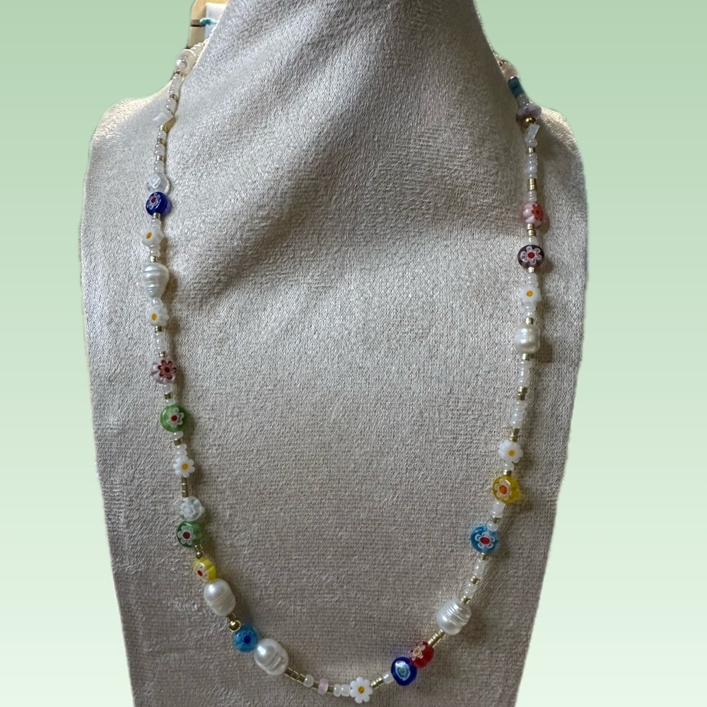 Handmade Millefiori Floral Glass & Pearl Beaded Necklace | Boho Colorful Gift - Picture 2 of 2